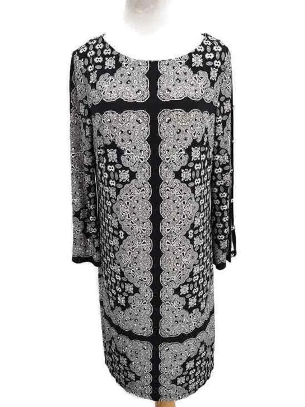 Chico's Black and White Paisley-Print Long Sleeve Shift Dress